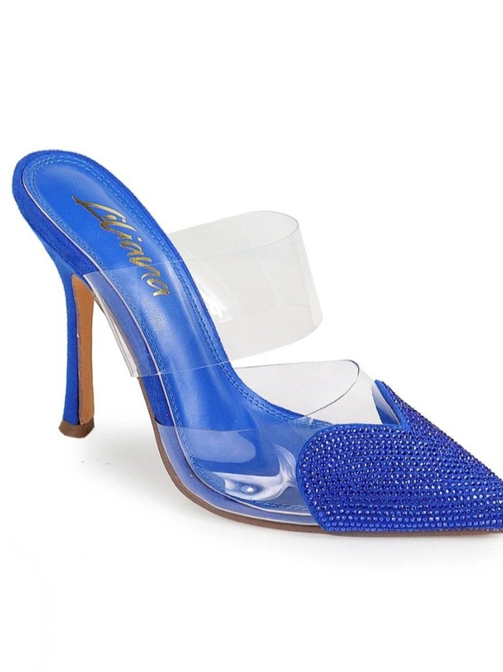Liliana Blue Rhinestone Clear PVC Pointed Toe Mule Stiletto Heels Size 8